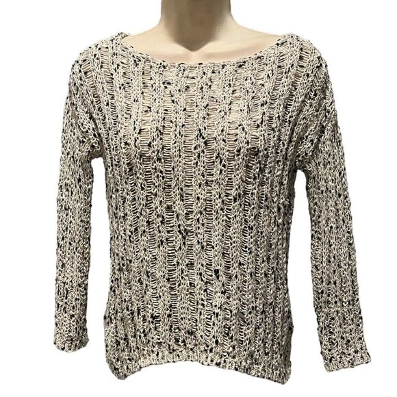 Alice +Olivia Ivory Black Silver Shimmery Crochet Knit Sweater Pullover Top - Picture 4 of 9